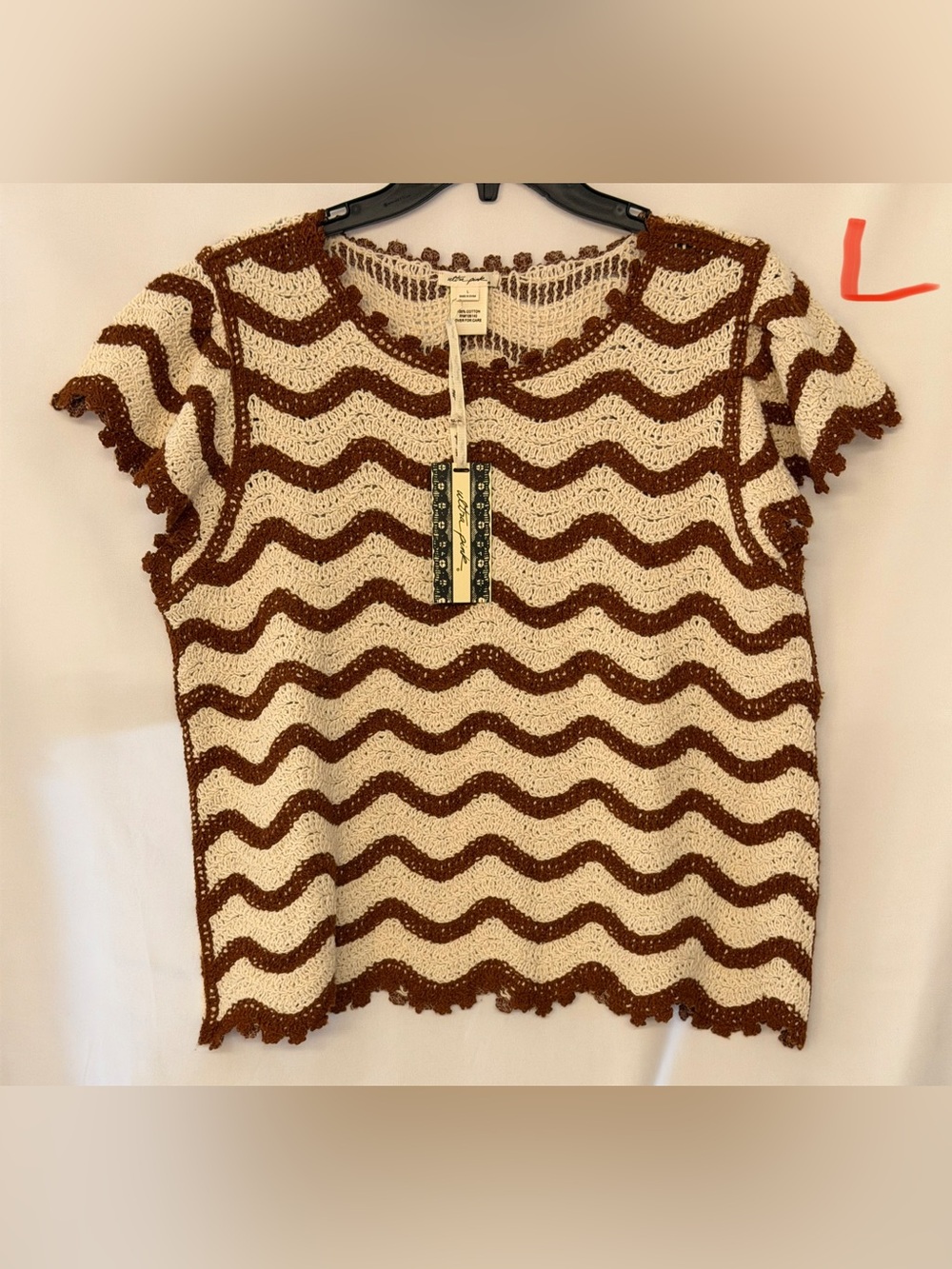 Ultra Pink Cream & Brown Wave-Stripe Crochet Short Sleeve Sweater
